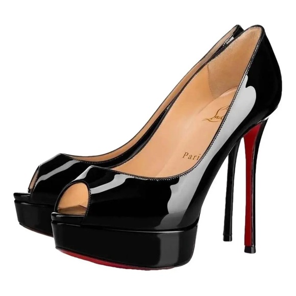 Christian Louboutin Fetish Peep 130 Black Patent Platform Sandal Heel Pump